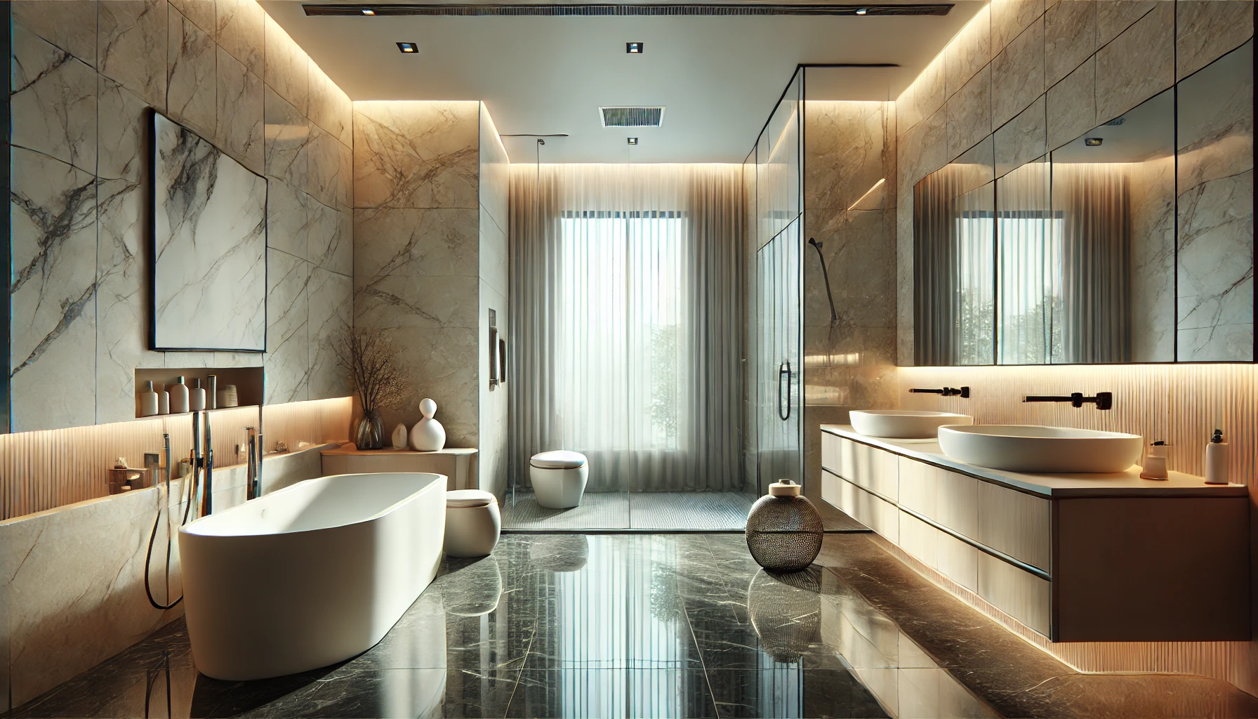 modern bathroom showcasing luxury ceramic tiles and high-end sanitaryware.
