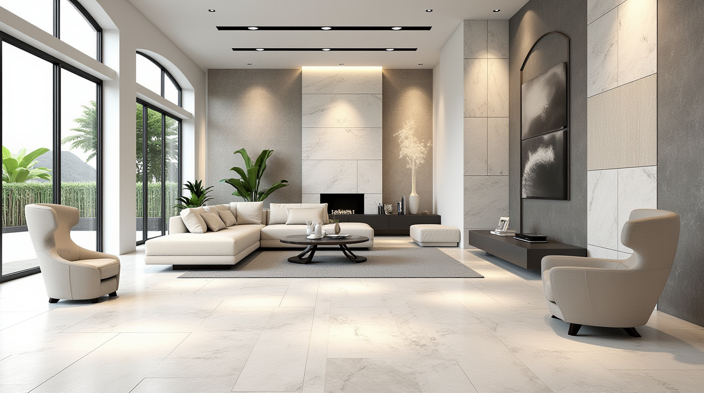 modern livingroom showcasing luxury ceramic tiles and high-end sanitaryware.